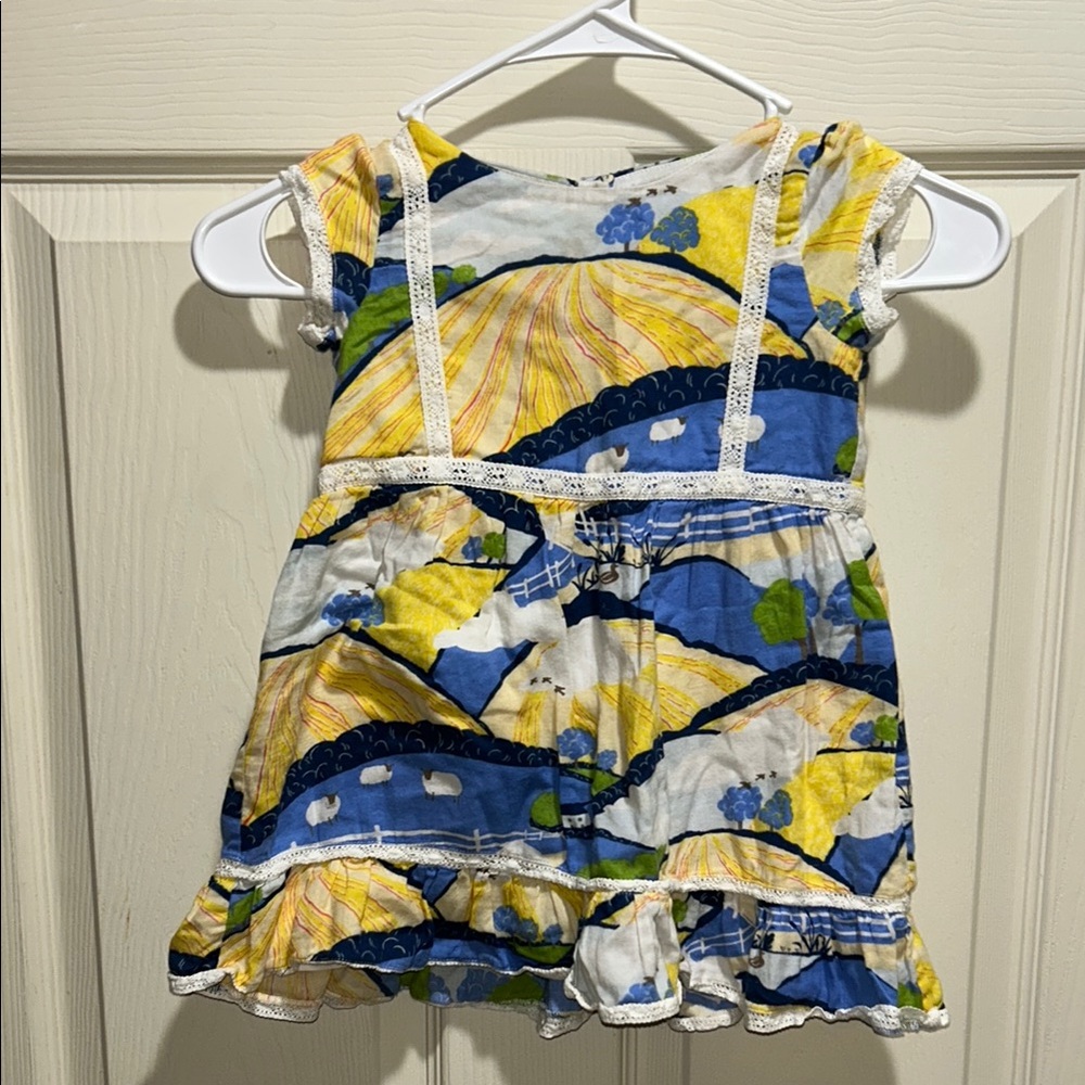 Mini Boden Sheep Village Scene Landscape Woven Party Dress, 2-3T